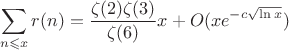 $$\sum_{n\leqslant x}r(n)=\frac{\zeta(2)\zeta(3)}{\zeta(6)}x+O(xe^{-c\sqrt{\ln x}})$$