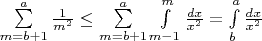 $\sum\limits_{m=b+1}^{a}\frac{1}{m^2}\leq\sum\limits_{m=b+1}^{a}\int\limits_{m-1}^{m}\frac{dx}{x^2}=\int\limits_b^a\frac{dx}{x^2}$