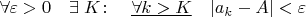 $$\forall\varepsilon>0\quad\exists\;K\colon\quad\underline{\forall k>K}\quad|a_k-A|<\varepsilon$$
