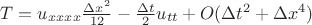 $T = u_{xxxx} \frac{\Delta x^2}{12} - \frac{\Delta t}{2} u_{tt} + O(\Delta t^2 + \Delta x^4)$ $T = u_{xxxx} \frac{\Delta x^2}{12} - \frac{\Delta t}{2} u_{tt} + O(\Delta t^2 + \Delta x^4)$