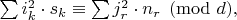 $\sum i_k^2\cdot s_k \equiv \sum j_r^2\cdot n_r\pmod{d},$