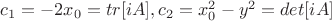 $c_1=-2x_0=tr [iA], c_2=x_0^2-y^2=det [iA]$