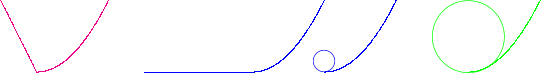 \setlength{\unitlength}{2pt}
\begin{picture}(100,40)
\color{magenta}
\qbezier(0,20)(5,10)(10,0)\qbezier(10,0)(20,0)(30,20)
\color{blue}
\qbezier(40,0)(65,0)(70,0)\qbezier(70,0)(80,0)(90,20)
\put(90,3){\circle{6}}\qbezier(90,0)(100,0)(110,20)
\color{green}
\put(130,10){\circle{20}}\qbezier(130,0)(140,0)(150,20)
\end{picture}