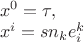 $\[\begin{array}{l}
 {x^0} = \tau , \\ 
 {x^i} = s{n_k}e_i^k \\ 
 \end{array}\]$