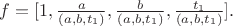 $f=[1,\frac{a}{(a,b,t_1)}, \frac{b}{(a,b,t_1)},\frac{t_1}{(a,b,t_1)}]. $
