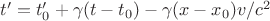 $t' = t_0' + \gamma (t-t_0) - \gamma (x-x_0) v / c^2$ $t' = t_0' + \gamma (t-t_0) - \gamma (x-x_0) v / c^2$