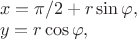 $\begin{array}{l}
x=\pi/2 + r\sin\varphi,\\
y=r\cos\varphi,
\end{array}$