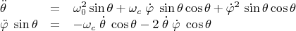 $$\begin{array}{lcl}\ddot\theta &=&\omega_0^2\sin\theta+\omega_c\;\dot\varphi\;\sin\theta\cos\theta+\dot\varphi^2\,\sin\theta\cos\theta\\
\ddot\varphi\;\sin\theta&=&-\omega_c\;\dot\theta\;\cos\theta-2\;\dot\theta\;\dot\varphi\;\cos\theta\end{array}$$