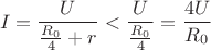 $$I=\frac{U}{\frac{R_0}{4}+r}< \frac{U}{\frac{R_0}{4}}=\frac{4U}{R_0}$$ $$I=\frac{U}{\frac{R_0}{4}+r}< \frac{U}{\frac{R_0}{4}}=\frac{4U}{R_0}$$