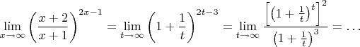 $$\lim_{x\to\infty}\left( \frac{x+2}{x+1}\right)^{2x-1}=
\lim_{t\to\infty}\left(1+ \frac{1}{t}\right)^{2t-3}=
\lim_{t\to\infty}\dfrac{\left[\left(1+ \frac{1}{t}\right)^t\right]^2}{\left(1+ \frac{1}{t}\right)^3}=\ldots  $$