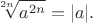 $$\sqrt[2n]{a^{2n}}=\lvert a\rvert.$$