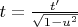 $t=\tfrac {t'}{\sqrt{1-u^2}}$