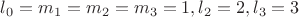 $l_0=m_1=m_2=m_3=1, l_2 = 2, l_3 = 3$