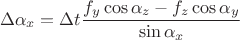 $$\Delta\alpha_x  = \Delta t \frac{f_y \cos \alpha_z - f_z \cos \alpha_y}{\sin \alpha_x}$$