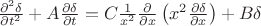 $
\frac{\partial^2\delta}{\partial t^2} + A\frac{\partial\delta}{\partial t} = C{1\over x^2}{\partial\over\partial x}\left(x^2{\partial\delta\over\partial x}\right) + B\delta$