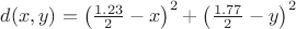 $d(x,y)={{\left( \frac{1.23}{2}-x \right)}^{2}}+{{\left( \frac{1.77}{2}-y \right)}^{2}}$