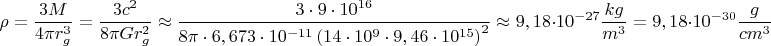 $$\rho=\frac{3M}{4\pi r_g^3}=\frac{3c^2}{8\pi Gr_g^2}\approx\frac{3\cdot9\cdot10^{16}}{8\pi\cdot6,673\cdot10^{-11}\left(14\cdot10^{9}\cdot9,46\cdot10^{15}\right)^2}\approx9,18\cdot10^{-27}\frac{kg}{m^3}=9,18\cdot10^{-30}\frac{g}{cm^3}$$