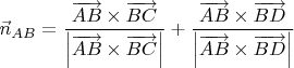 $\vec n_{AB}=\dfrac{\overrightarrow{AB}\times\overrightarrow{BC}}{\left|\overrightarrow{AB}\times\overrightarrow{BC}\right|}+\dfrac{\overrightarrow{AB}\times\overrightarrow{BD}}{\left|\overrightarrow{AB}\times\overrightarrow{BD}\right|}$