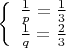 $ 
\left\{ \begin{array}{l}
\frac 1 p=\frac 1 3 \\
\frac 1 q=\frac 2 3
\end{array} \right. 
$