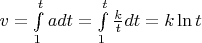 $v=\int\limits_1^t a dt= \int\limits_1^t \frac kt dt=k\ln t$