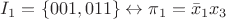 $I_1 = \{001, 011\} \leftrightarrow \pi_1 = \bar x_1 x_3$