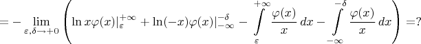 $$ = - \lim_{\varepsilon,\delta\to +0}\left(\ln x \varphi(x) |_{\varepsilon}^{+\infty}+\ln (-x) \varphi(x) |^{-\delta}_{-\infty}- \int\limits_{\varepsilon}^{+\infty} \frac{\varphi(x)}{x}\,dx-\int\limits^{-\delta}_{-\infty} \frac{\varphi(x)}{x}\,dx\right)=? $$