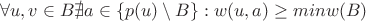 $$
\forall{u, v} \in B \nexists{a} \in \{p(u) \setminus B\} : w(u, a) \ge minw(B)
$$