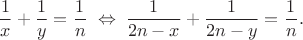 $$\frac 1 x + \frac 1 y=\frac 1 n \; \Leftrightarrow \; \frac 1 {2n-x} + \frac 1 {2n-y}=\frac 1 n.$$