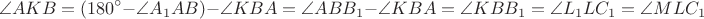 $$\angle AKB = (180^\circ - \angle A_1AB) - \angle KBA =\angle ABB_1 - \angle KBA =\angle KBB_1=\angle L_1LC_1 = \angle MLC_1$$