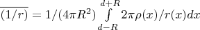 $ \overline{(1/r)} = 1/(4\pi R^2)\int\limits_{d-R}^{d+R} 2\pi\rho(x)/r(x)dx $