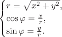 $$\begin{cases}r=\sqrt{x^2+y^2}\text{,}\\ \cos\varphi=\frac{x}{r}\text{,}\\ \sin\varphi=\frac{y}{r}\text{.}\end{cases}$$