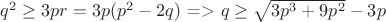 $q^2\ge3pr =3p(p^2-2q)$  => $q\ge \sqrt{3p^3+9p^2}-3p$