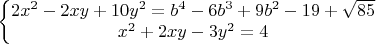 $\left\{\begin{matrix}
2x^2-2xy+10y^2=b^4-6b^3+9b^2-19+\sqrt{85}\\ 
x^2+2xy-3y^2=4
\end{matrix}\right.$
