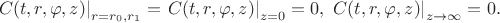 $\left.C(t,r,\varphi,z)\right|_{r=r_0,r_1}=\left.C(t,r,\varphi,z)\right|_{z=0}=0,\:\left.C(t,r,\varphi,z)\right|_{z\to\infty}=0.$
