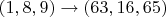 $(1,8,9)\rightarrow(63,16,65)$