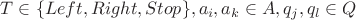 $T\in\{Left,Right,Stop\}, a_i, a_k\in A, q_j,q_l\in Q$