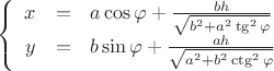 $$\left\{\begin{array}{rcl}
x&=&a\cos\varphi+\frac{bh}{\sqrt{b^2+a^2\mathop\mathrm{tg^2}\varphi}}\\
y&=&b\sin\varphi+\frac{ah}{\sqrt{a^2+b^2\mathop\mathrm{ctg^2}\varphi}}
\end{array}
\right.$$
