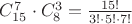 $C_{15}^7 \cdot C_8^3 = \frac{{15!}}{{3! \cdot 5! \cdot 7!}}$