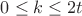 $0\leq k\leq 2t$ $0\leq k\leq 2t$