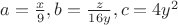 $a=\frac{x}{9}, b=\frac{z}{16y}, c=4y^2$