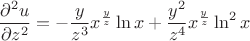 $$\frac{\partial^2 u}{\partial z^2}=-\frac{y}{z^3}x^{\frac{y}{z}}\ln{x}+\frac{y^2}{z^4}x^{\frac{y}{z}}\ln^2{x}$$