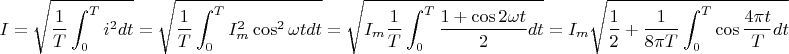 $$
I=\sqrt{\frac{1}{T}\int_0^T i^2 dt}=\sqrt{\frac{1}{T}\int_0^T I_m^2\cos^2{\omega t} dt}=
\sqrt{I_m\frac{1}{T}\int_0^T \frac{1+\cos {2\omega t}}{2}dt}=I_m\sqrt{\frac{1}{2}+\frac{1}{8\pi T}\int_0^T\cos{\frac{4\pi t}{T}} dt}$$