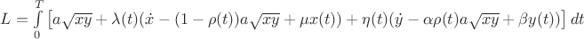 $
L=\int\limits_{0}^{T} \left[a\sqrt{xy}+\lambda(t)(\dot x-(1-\rho(t))a\sqrt{xy}+\mu x(t))+\eta(t)(\dot y-\alpha\rho(t)a\sqrt{xy}+\beta y(t))  \right]dt
$
