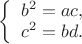 $
\left\{ \begin{array}{l}
b^2 = ac,\\
c^2 = bd.
\end{array} \right.
$