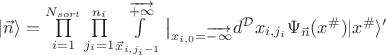 $|\vec n\rangle=\prod\limits_{i=1}^{N_{sort}}\prod\limits_{j_i=1}^{n_i}\int\limits_{\vec x_{i,j_i-1}}^{\overrightarrow{+\infty}}\big|_{x_{i,0}=\overrightarrow{-\infty}}d^{\mathcal{D}}x_{i,j_i}\Psi_{\vec n}(x^{\#}) |x^{\#}\rangle'$