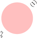 \begin{tikzpicture}
\fill[pink] (0,0) circle (1);
\node at (-1,-1) {\rotatebox{45}{\begin{minipage}{.5\linewidth}\begin{equation}x^2\end{equation}\end{minipage}}};
\end{tikzpicture}