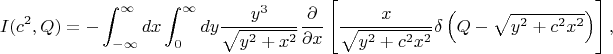 $$I(c^2,Q) = -\int_{-\infty}^{\infty} dx  \int_0^{\infty} d y \frac{y^3}{\sqrt{y^2 + x^2}}  \frac{\partial}{\partial x} \left[\frac{x}{\sqrt{y^2 + c^2 x^2}} \delta \left(Q - \sqrt{y^2 + c^2 x^2} \right) \right],$$