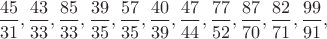 $\dfrac{45}{31},\dfrac{43}{33},\dfrac{85}{33},\dfrac{39}{35},\dfrac{57}{35},\dfrac{40}{39},\dfrac{47}{44},\dfrac{77}{52},\dfrac{87}{70},\dfrac{82}{71},\dfrac{99}{91},$