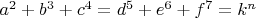$a^2+b^3+c^4=d^5+e^6+f^7=k^n$