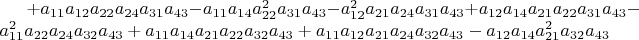 $+a_{11}a_{12}a_{22}a_{24}a_{31}a_{43}-a_{11}a_{14}a_{22}^{2}a_{31}a_{43}-a_{12}^{2}a_{21}a_{24}a_{31}a_{43}+a_{12}a_{14}a_{21}a_{22}a_{31}a_{43}-a_{11}^{2}a_{22}a_{24}a_{32}a_{43}+a_{11}a_{14}a_{21}a_{22}a_{32}a_{43}+a_{11}a_{12}a_{21}a_{24}a_{32}a_{43}-a_{12}a_{14}a_{21}^{2}a_{32}a_{43}$